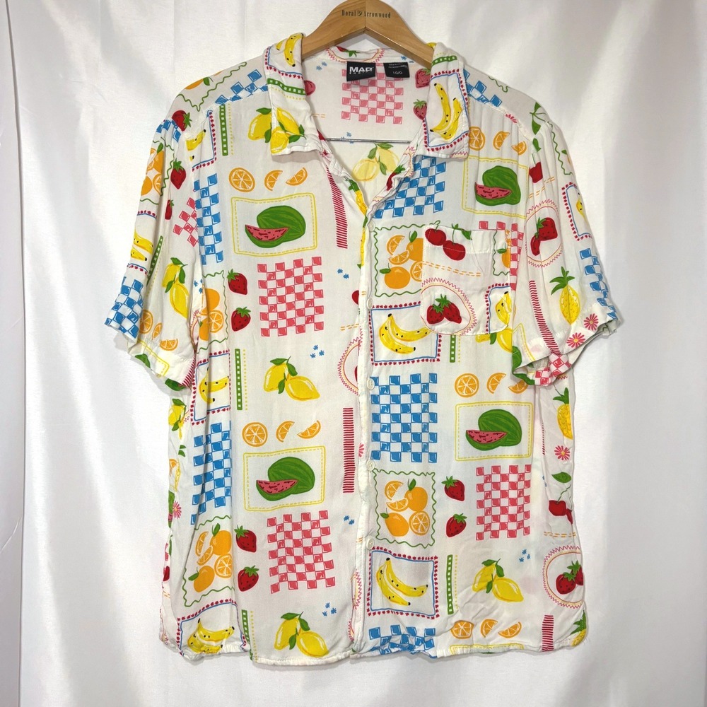 Mad Engine Fruit Print Rayon Button Down Shirt White Large Short Sleeve Camp